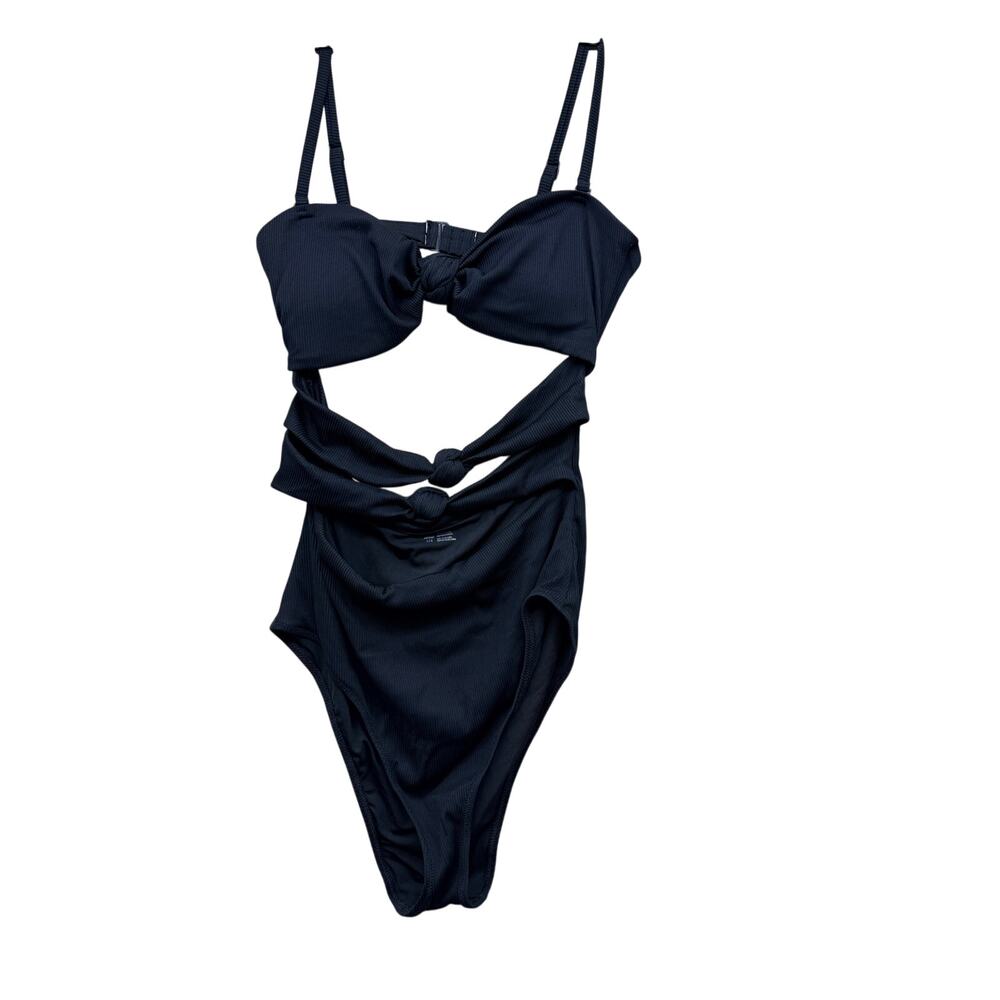 Aerie Ribbed Cutout One Piece Swimsuit Womens Large Black Cheeky Knot Front Swim
